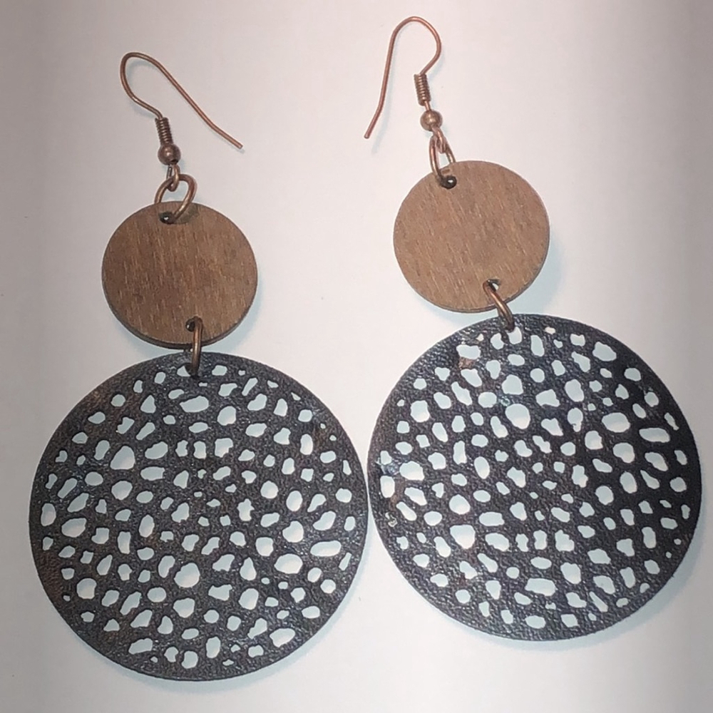 Black Cutout Fabric Wooden Dangling Boho Earrings